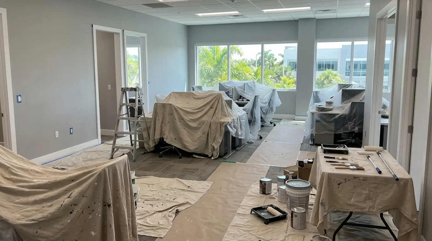 Freshly painted modern Sarasota office with soft gray walls, white trim and desks covered with drop cloths