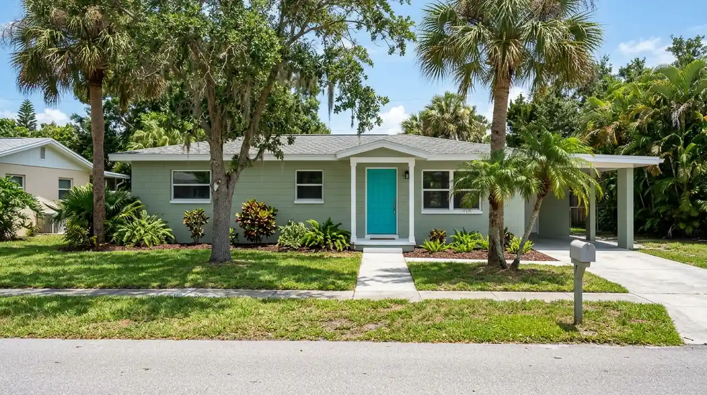 One-story concrete block home in Alta Vista, Sarasota, freshly painted soft sage with white trim and a bright teal front door