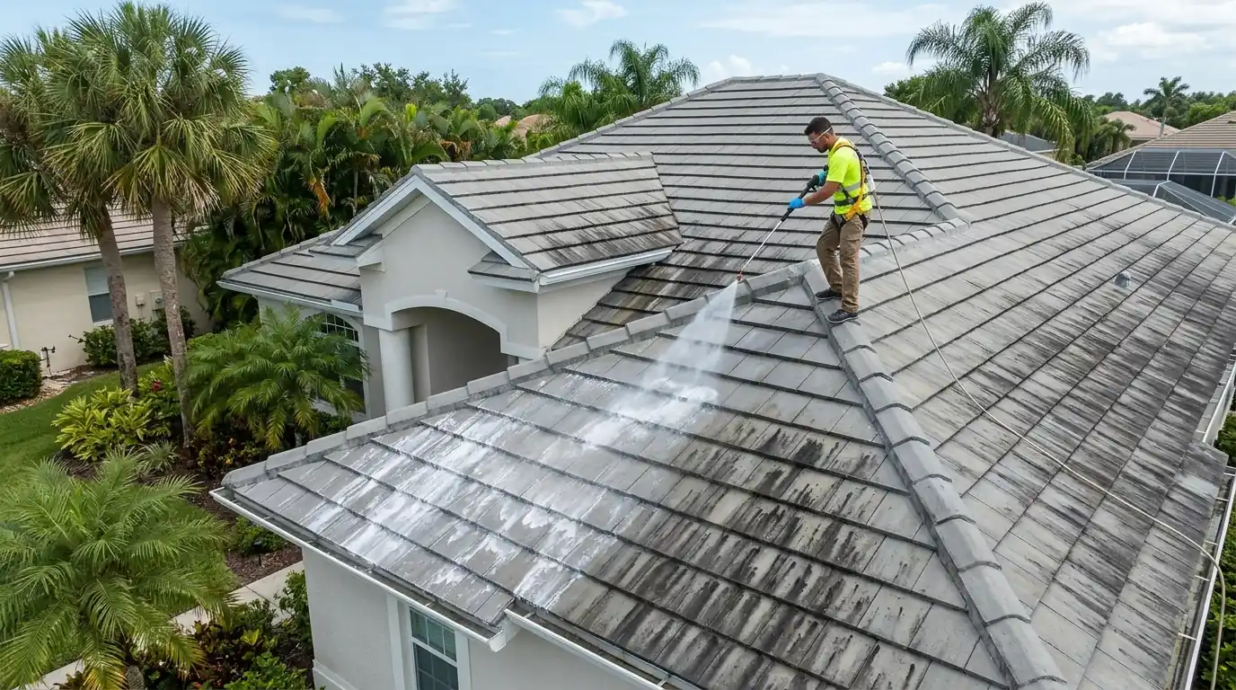 Technician soft washing black algae streaks off a gray concrete tile roof on a Sarasota home