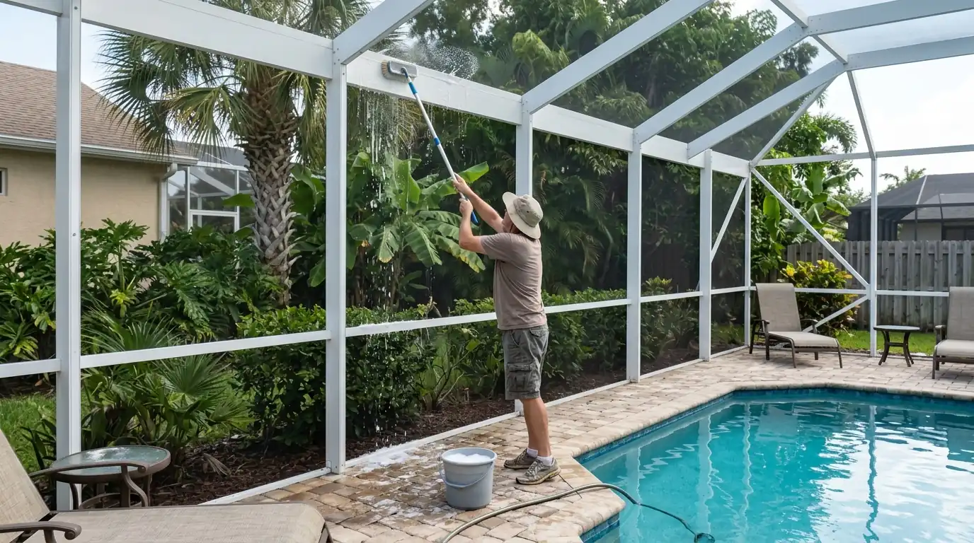 Homeowner scrubbing a white painted pool cage beam with a long-handled soft brush beside a Sarasota backyard pool