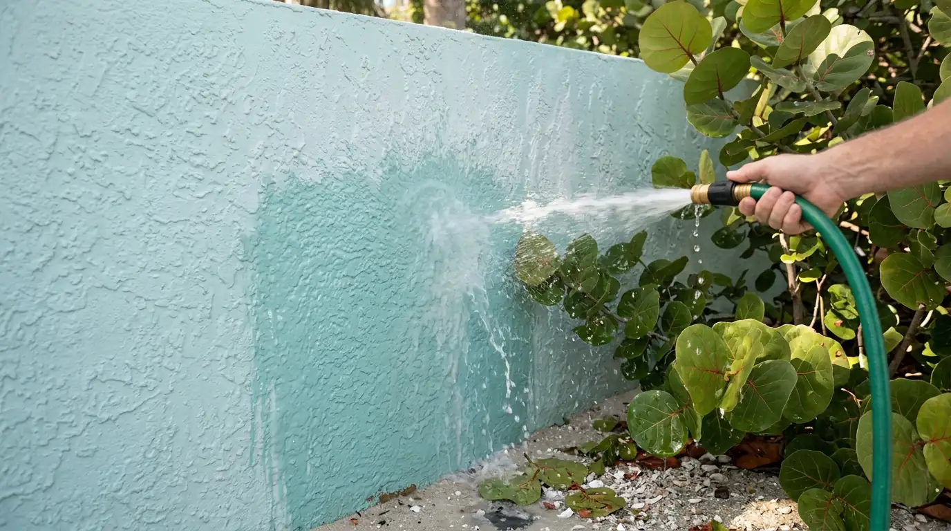 Freshwater hose rinsing salt film from a pale aqua stucco wall beside sea grape shrubs on Siesta Key