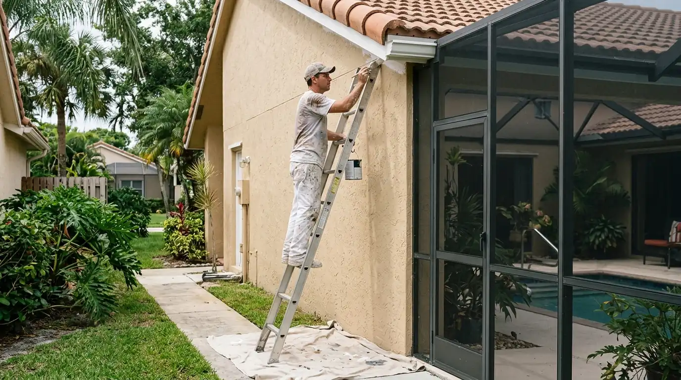 Painter on a ladder cutting in white trim along a Florida stucco wall beside a screened pool cage
