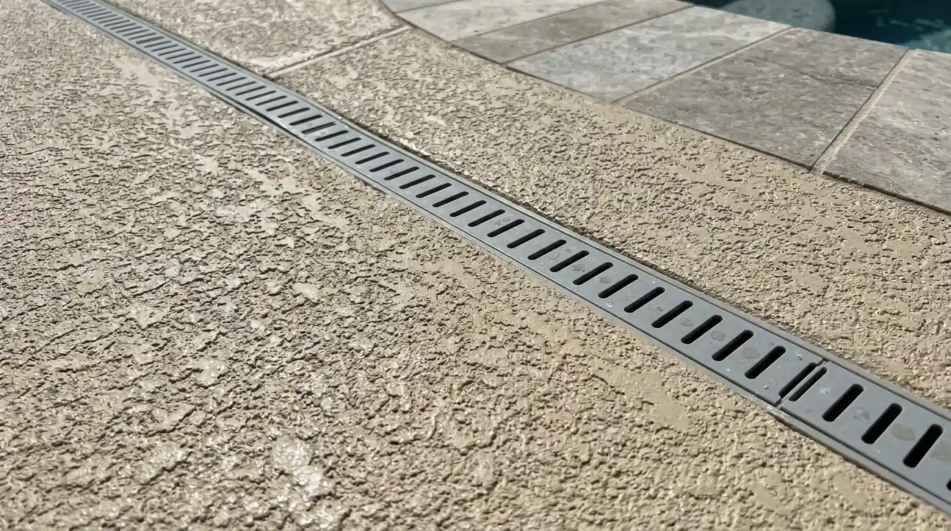 Close-up of slip-resistant textured acrylic coating on a pool deck near tiled coping and a drain