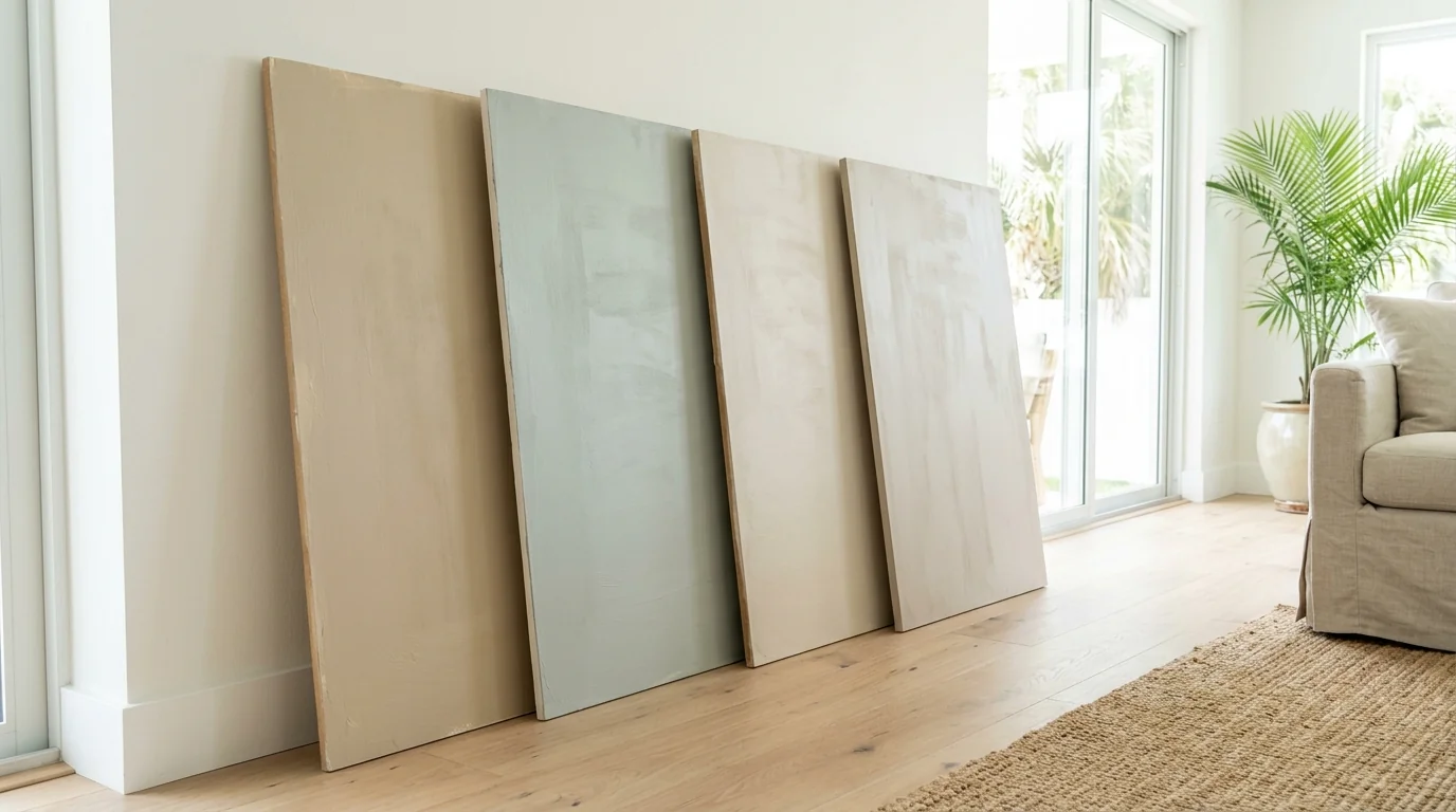 Large painted sample boards in soft coastal neutrals leaning against a bright living room wall in a Sarasota home