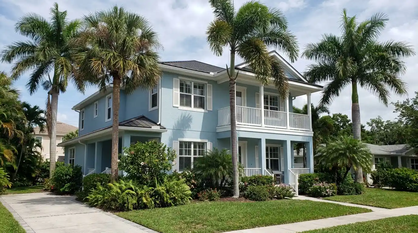 Two-story stucco home in Sarasota freshly painted soft coastal blue with white trim under palm trees