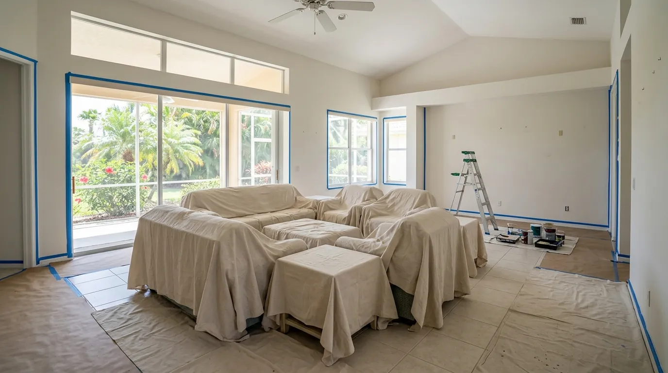 Living room in a Sarasota home with furniture grouped in the center under drop cloths before interior painting