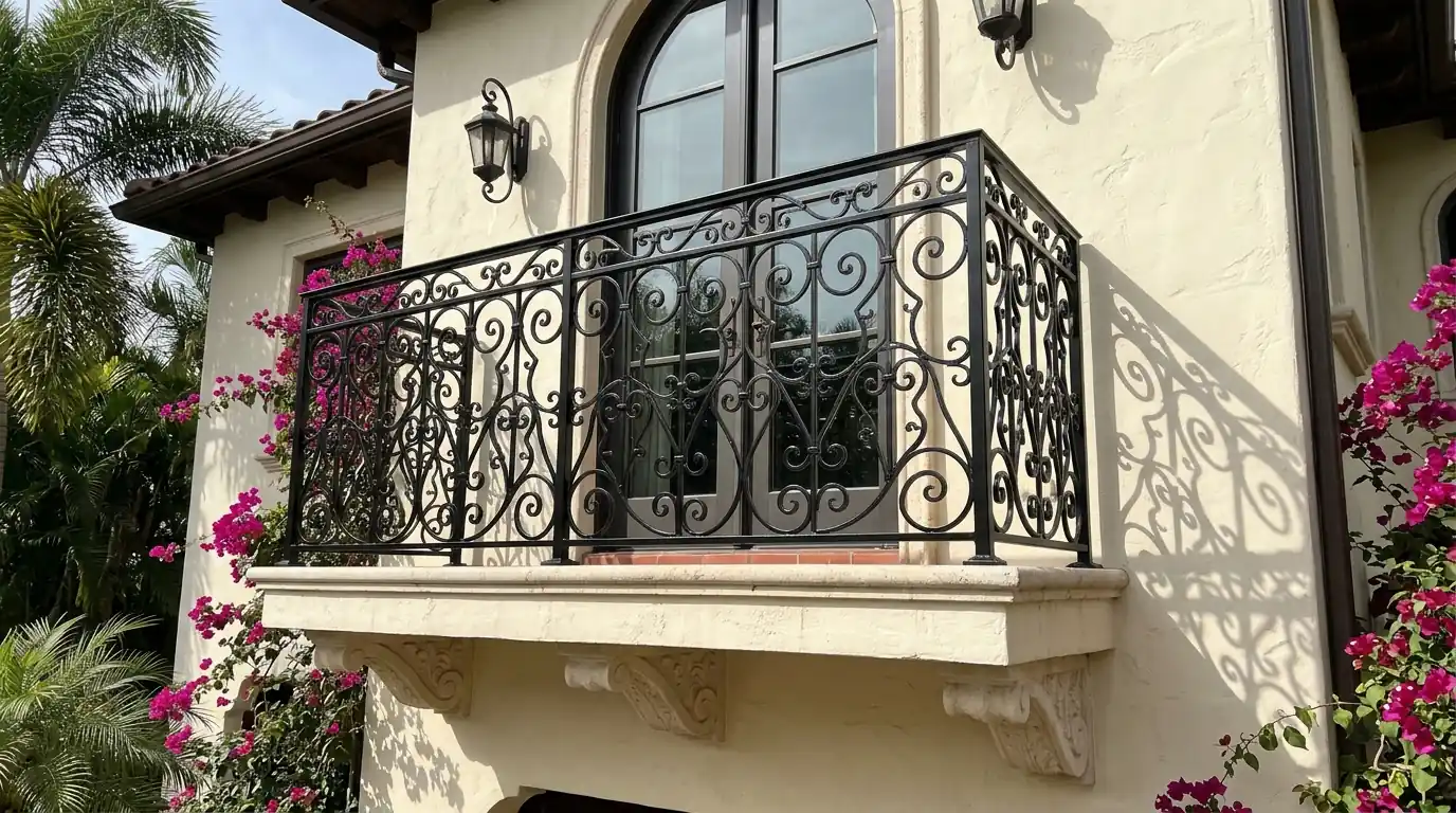 Black wrought iron balcony railing freshly painted on a cream Mediterranean Revival home in Sarasota