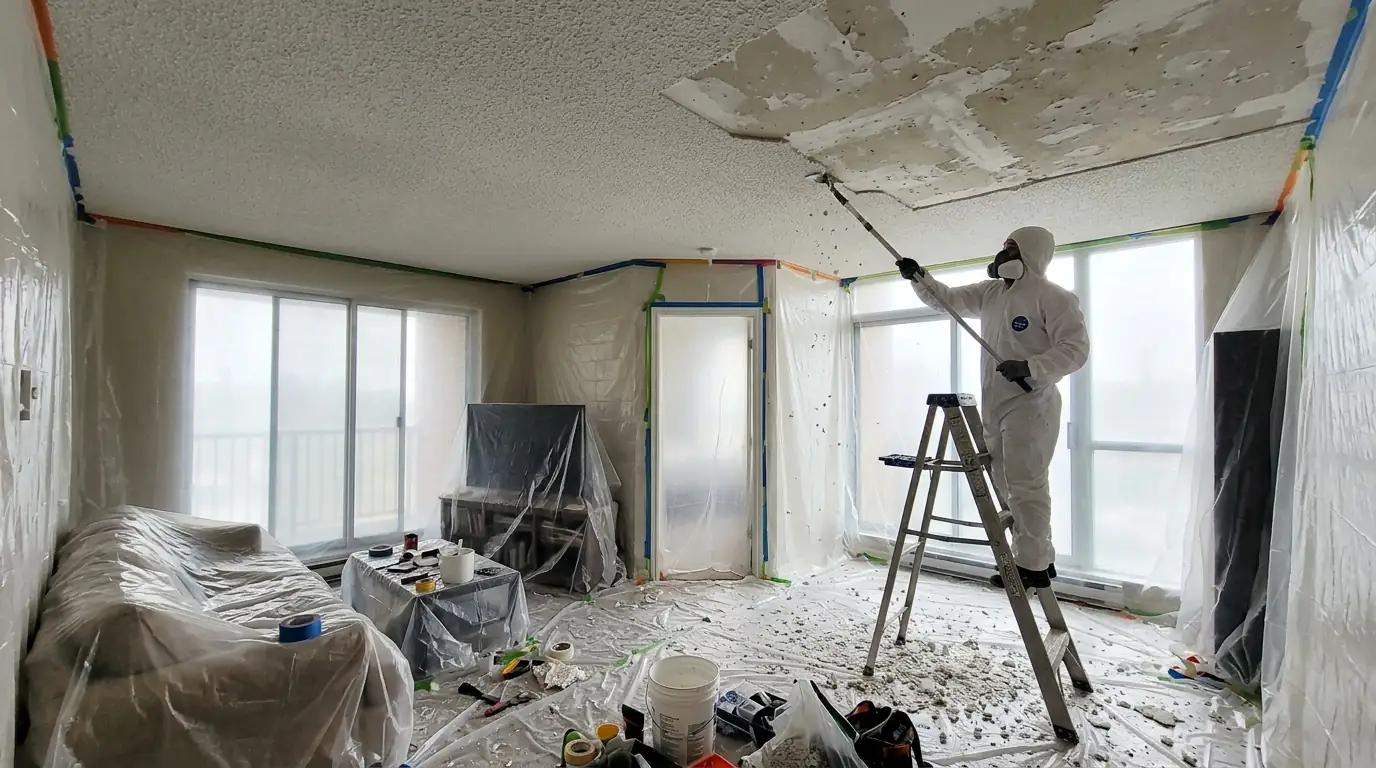 Condo living room sealed in plastic sheeting while acoustic popcorn texture is scraped from the ceiling