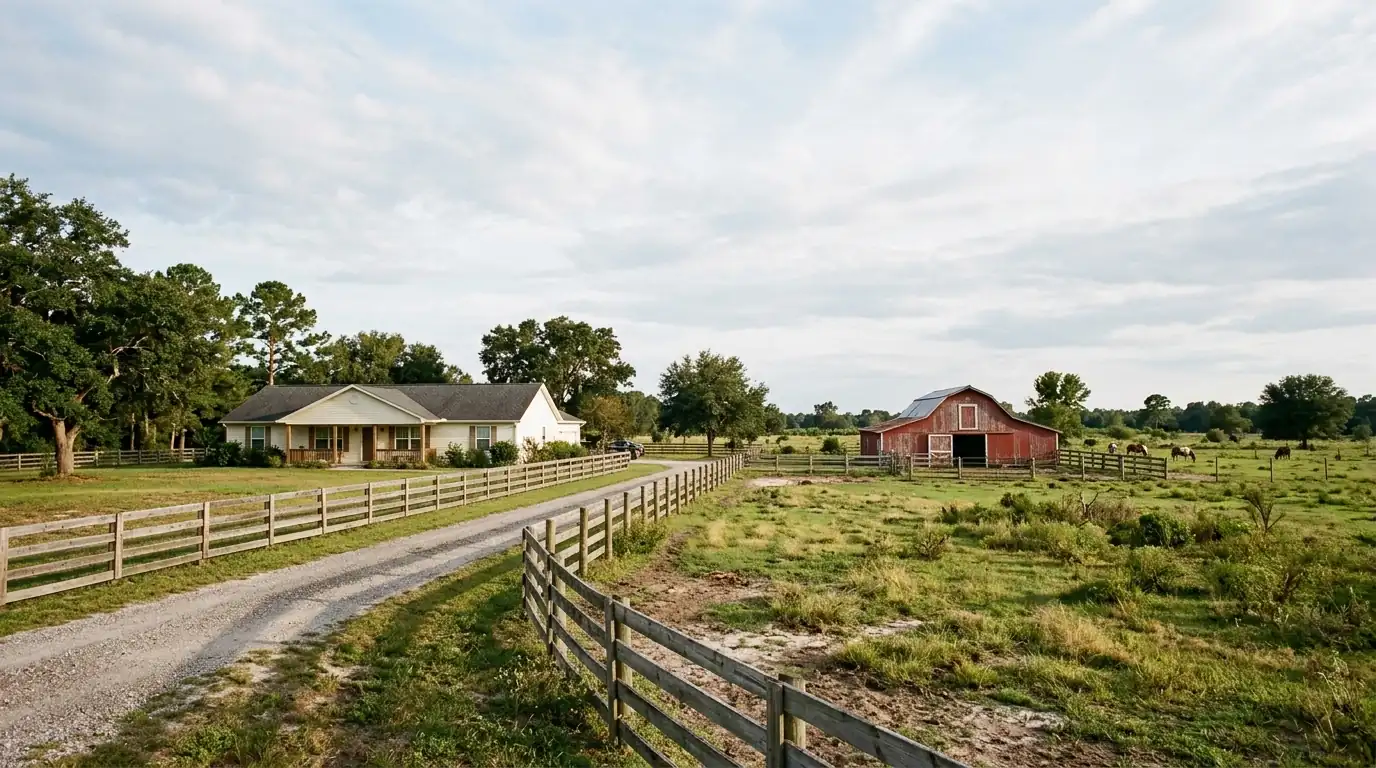Single-story ranch home with wood fence, red barn and pasture under a wide sky on Fruitville acreage