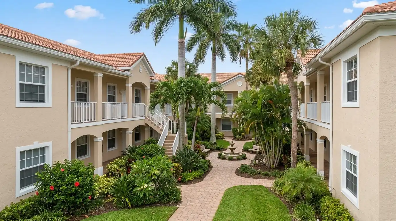 Two-story stucco condo buildings repainted in soft sand with white trim around a Sarasota courtyard with palms