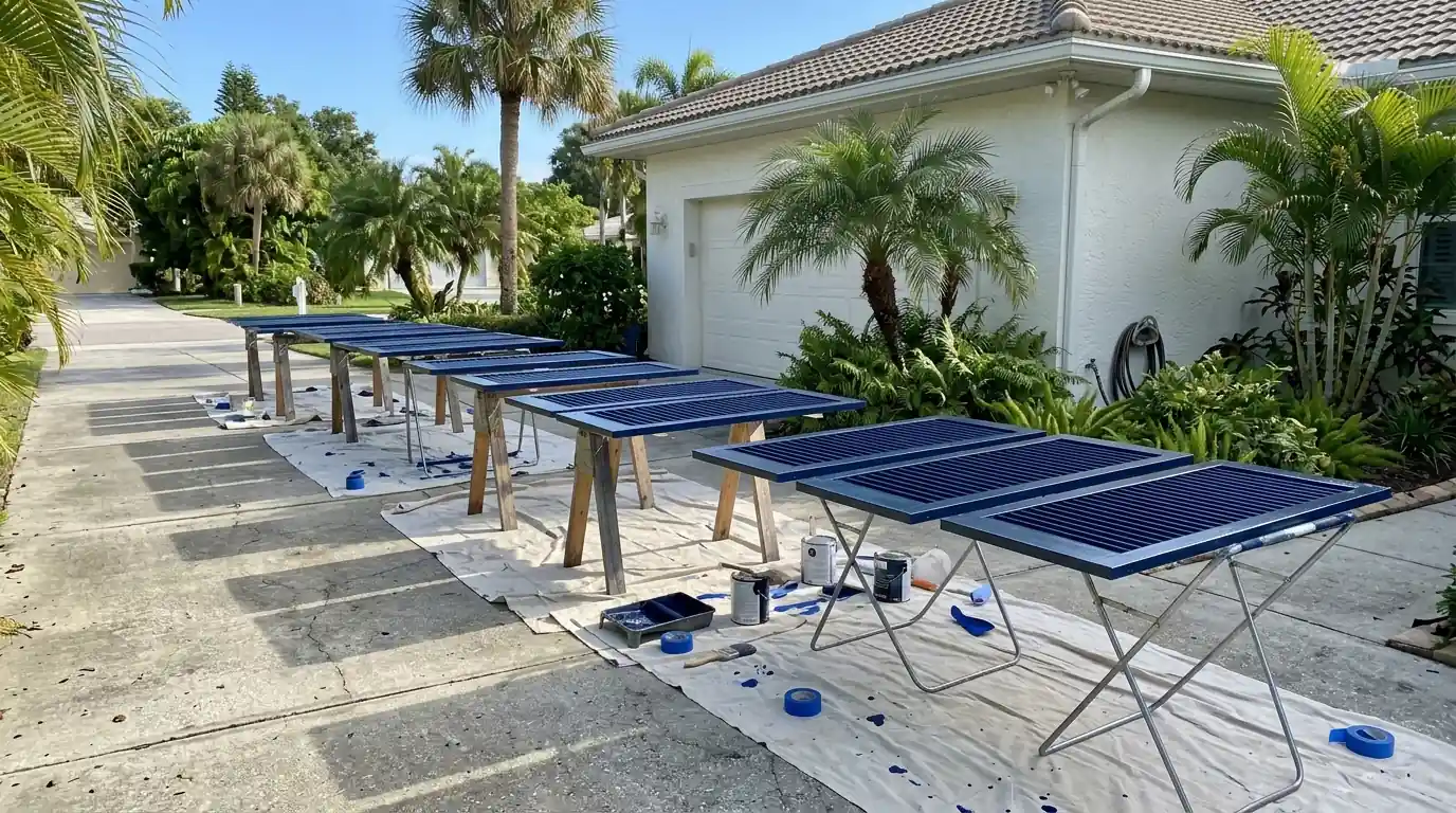 Row of freshly painted navy louvered shutters drying on stands in a Sarasota driveway beside a white stucco house