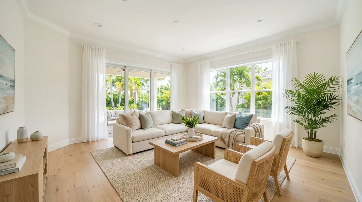Freshly painted warm white living room with clean trim and staged furniture ready for listing photos in a Sarasota home