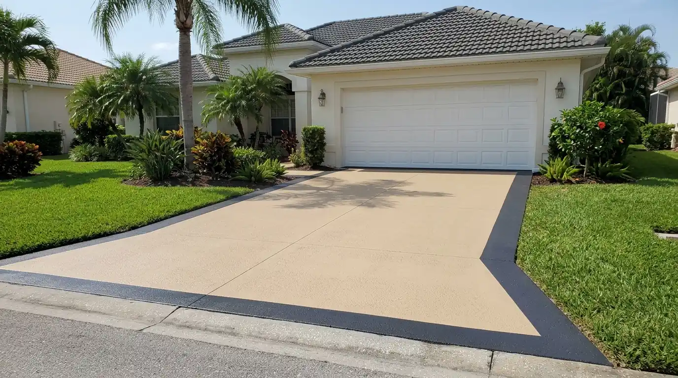 Newly coated sandy beige concrete driveway with a darker border band leading to a white garage door in Sarasota