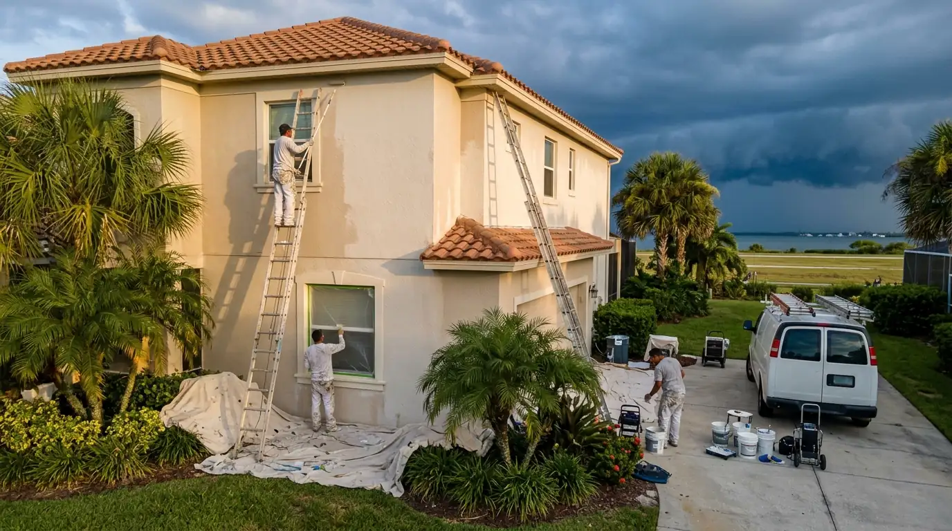 Painting crew working on a stucco home in early morning light with storm clouds gathering over Sarasota in the distance