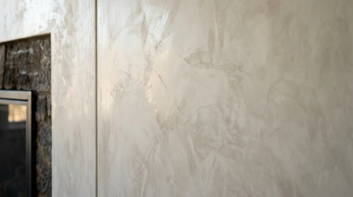 Close view of burnished Venetian plaster surface showing soft marbled depth beside a fireplace in afternoon light