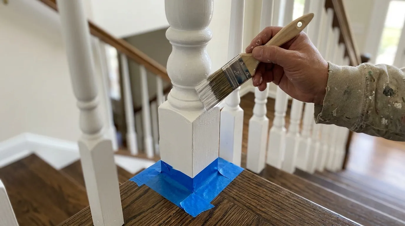 Brush painting a turned white baluster on a staircase with blue tape protecting the stained tread