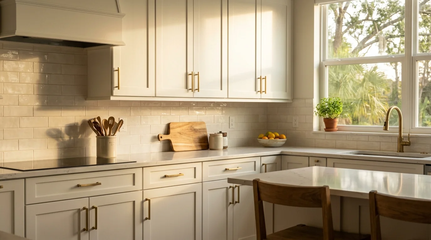 Painted white kitchen cabinets with brushed brass pulls in a Lakewood Ranch kitchen under warm afternoon light