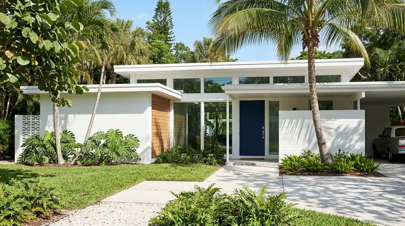 Mid-century modern Sarasota house with flat roof freshly painted crisp white and deep blue front door