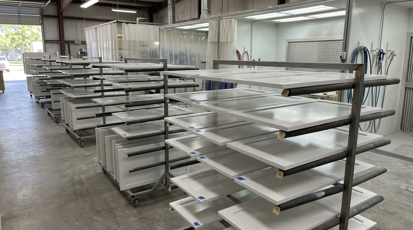 Row of numbered white cabinet doors drying on racks in a clean spray area with a smooth enamel sheen