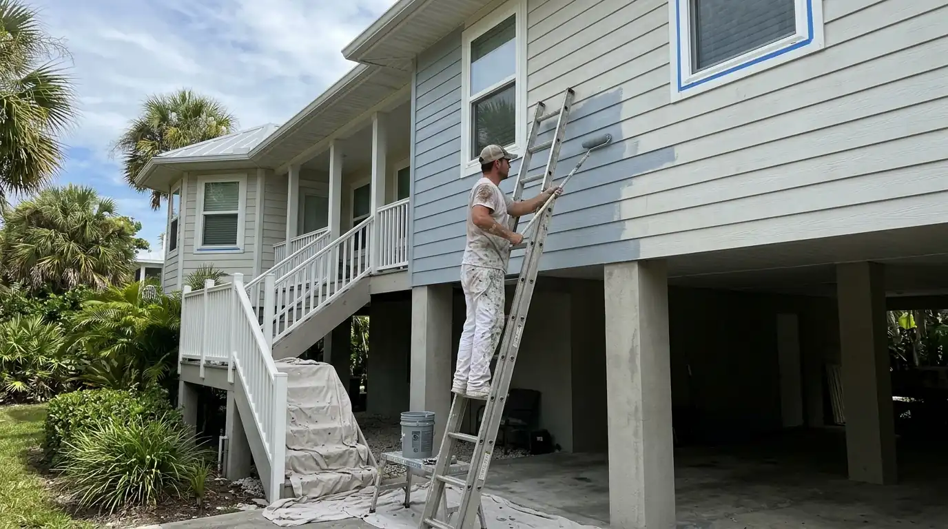 Painter rolling soft blue-gray paint on fiber cement lap siding of a raised Sarasota coastal home