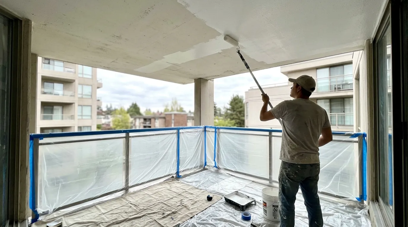 Roller applying soft white paint to a condo balcony ceiling with the railing masked and furniture cleared
