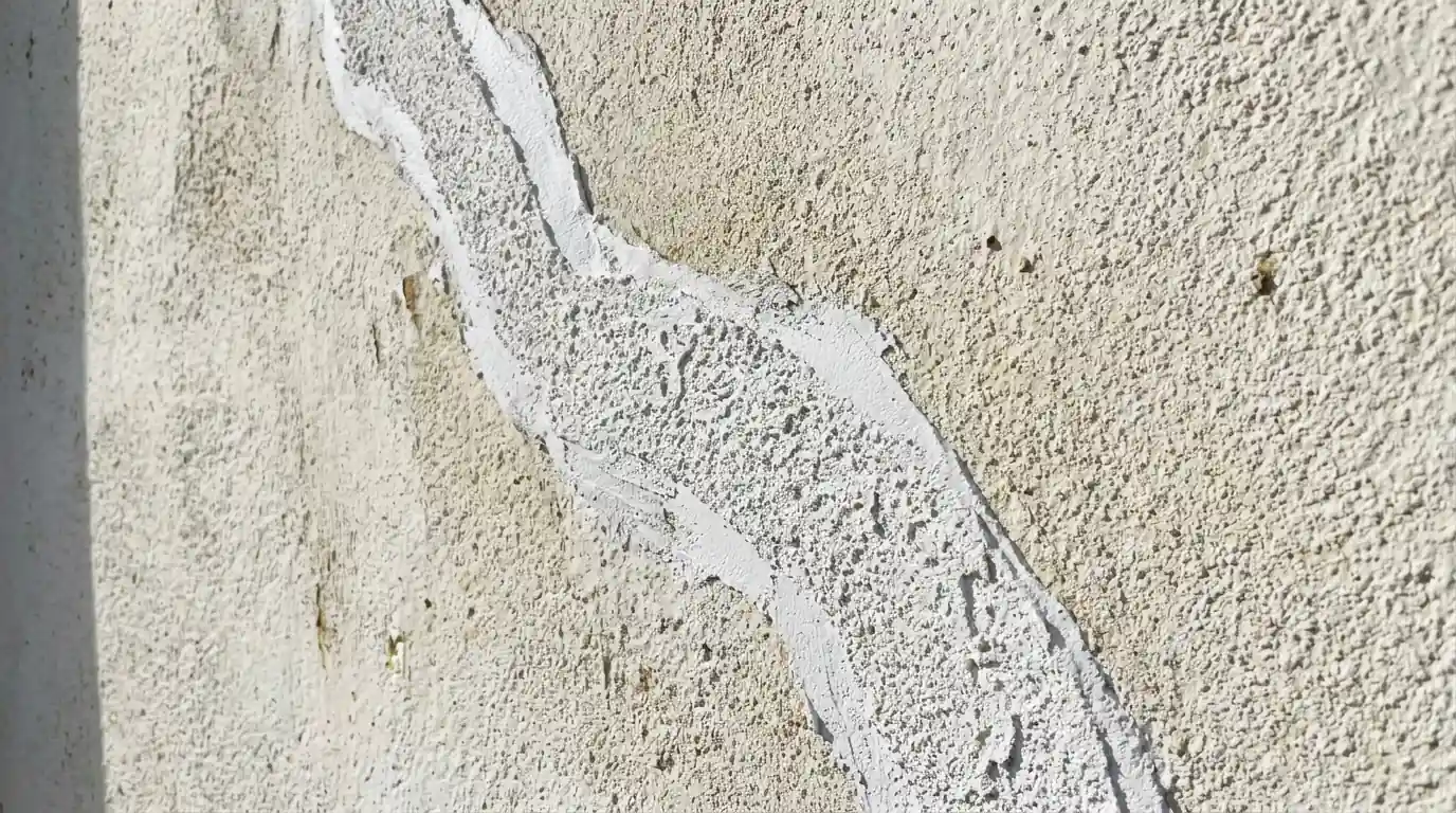Detail of a freshly patched stucco crack with matched sand-float texture, primed white against a sunlit wall