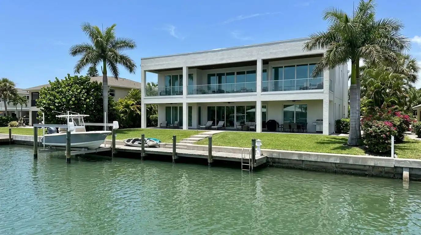 Canal-front Siesta Key home with white stucco, flat roof, wide windows and a wooden dock under bright sun