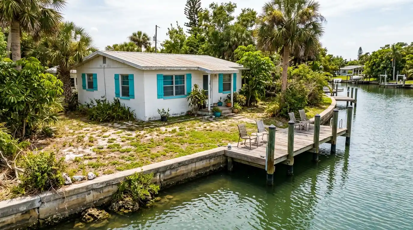 Small white block cottage with turquoise shutters on a canal lot with a wooden dock in Englewood