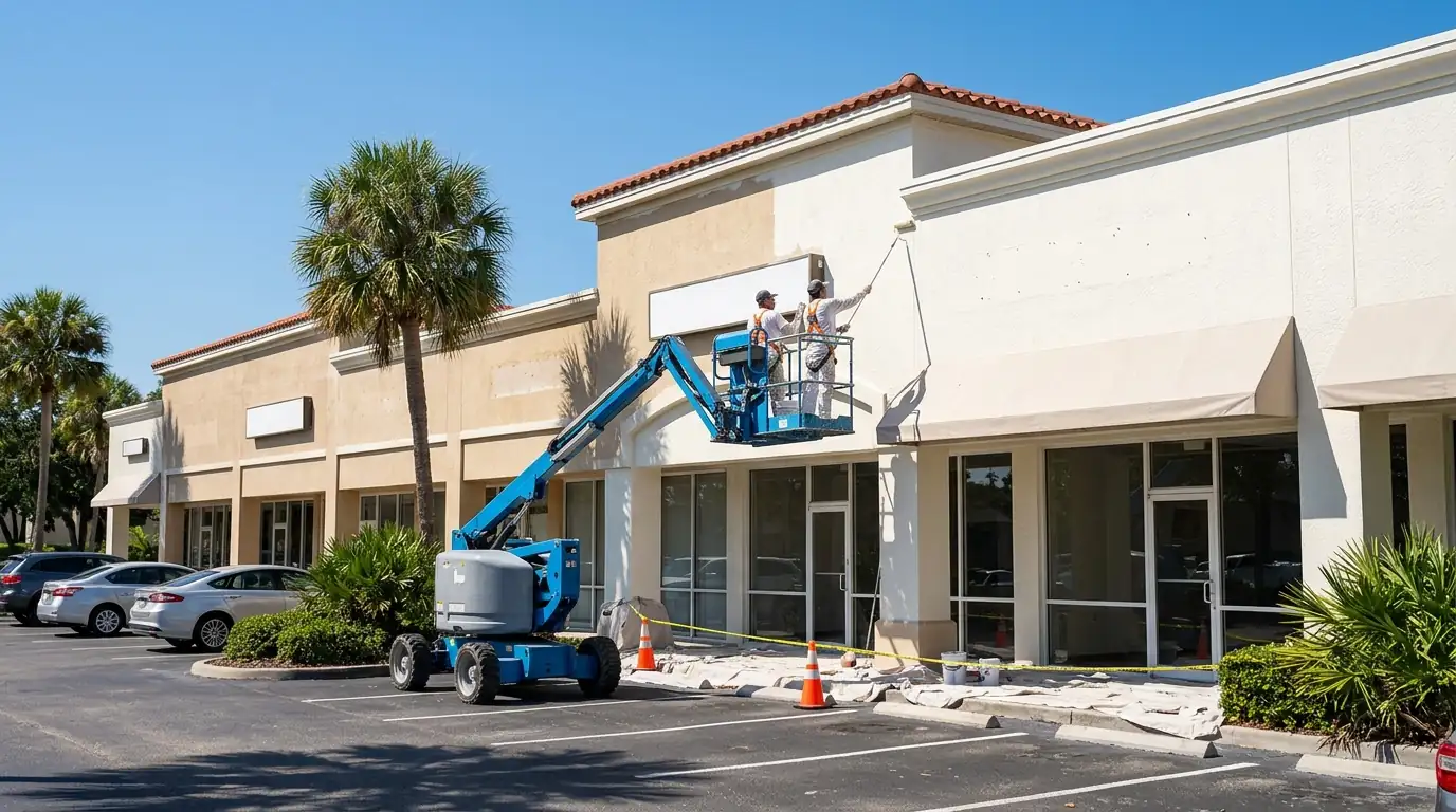 Painters on a lift recoating the stucco facade of a single-story retail plaza in Sarasota under clear skies