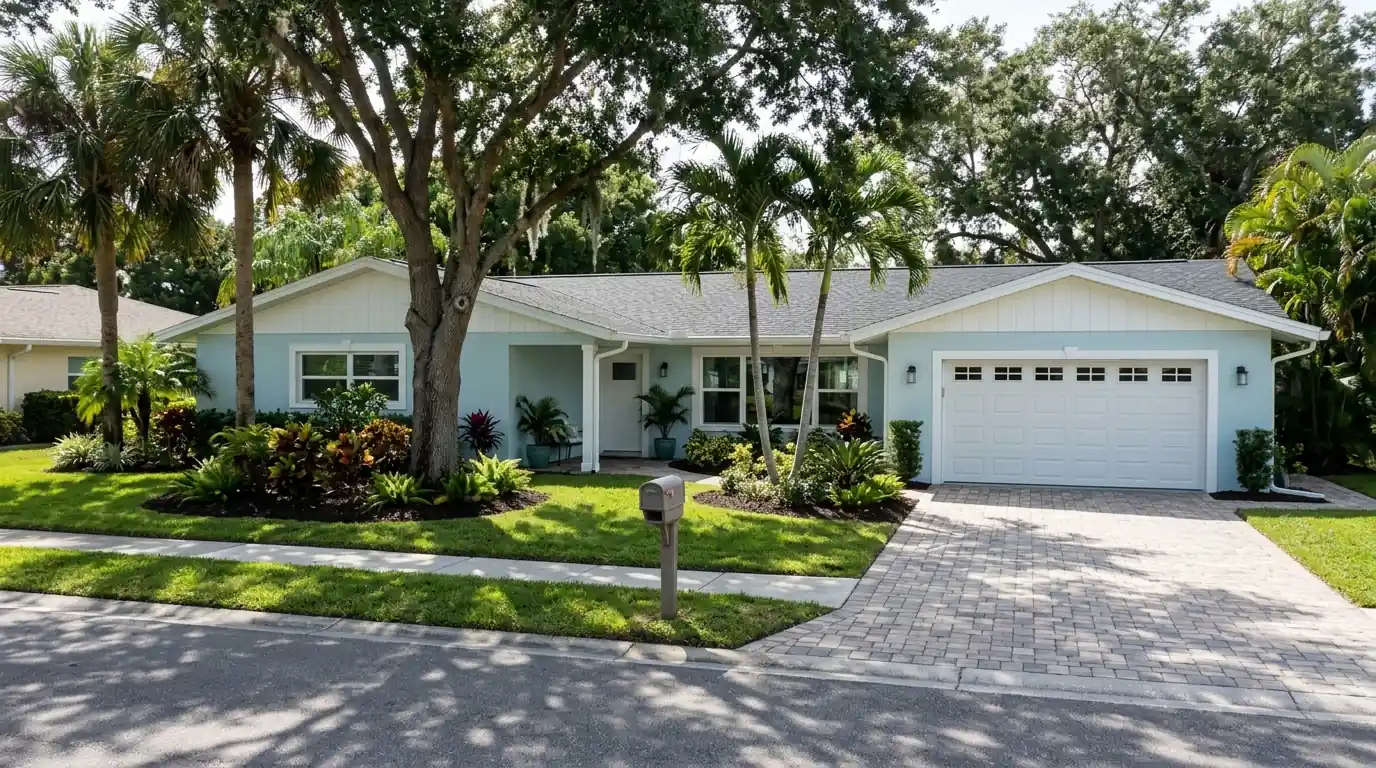 One-story stucco home in Granada, Sarasota, painted pale coastal blue with white trim, a fresh garage door and tidy paver driveway