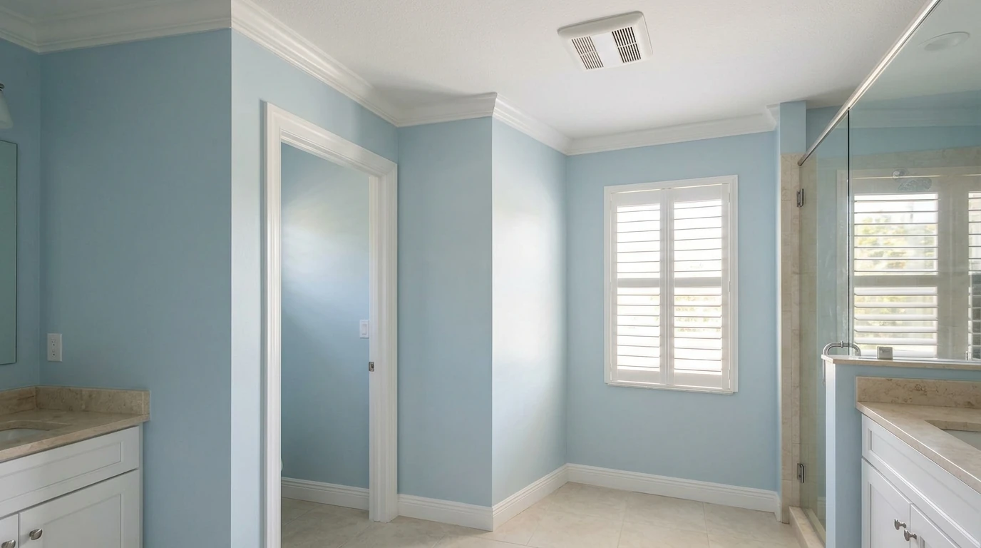 Freshly painted pale blue bathroom with satin walls, semi-gloss white trim and an exhaust fan in a Sarasota home