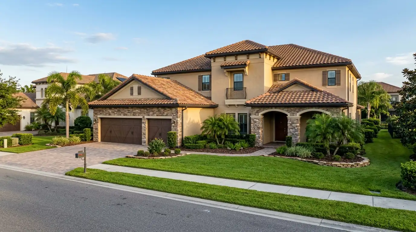 Two-story stucco home with stone accents, barrel tile roof and wide garage on a landscaped Lakewood Ranch street
