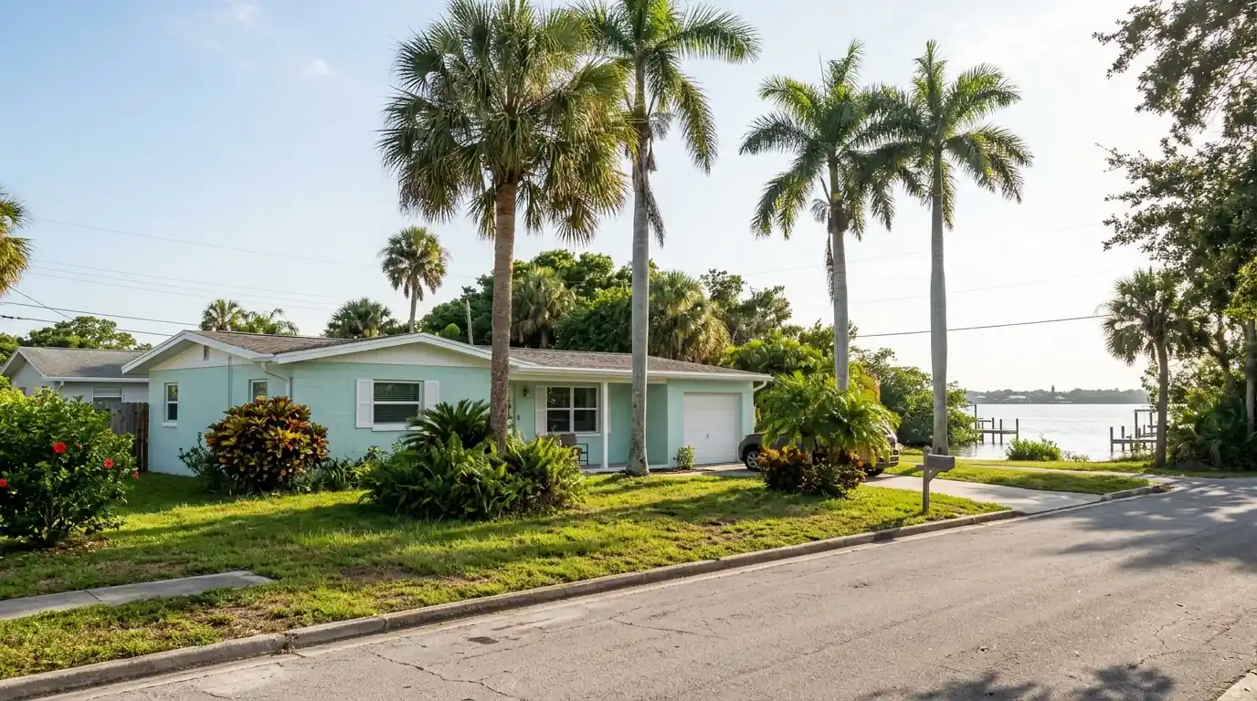 Pastel block ranch home with white trim and tall palm trees on a quiet street near the Manatee River
