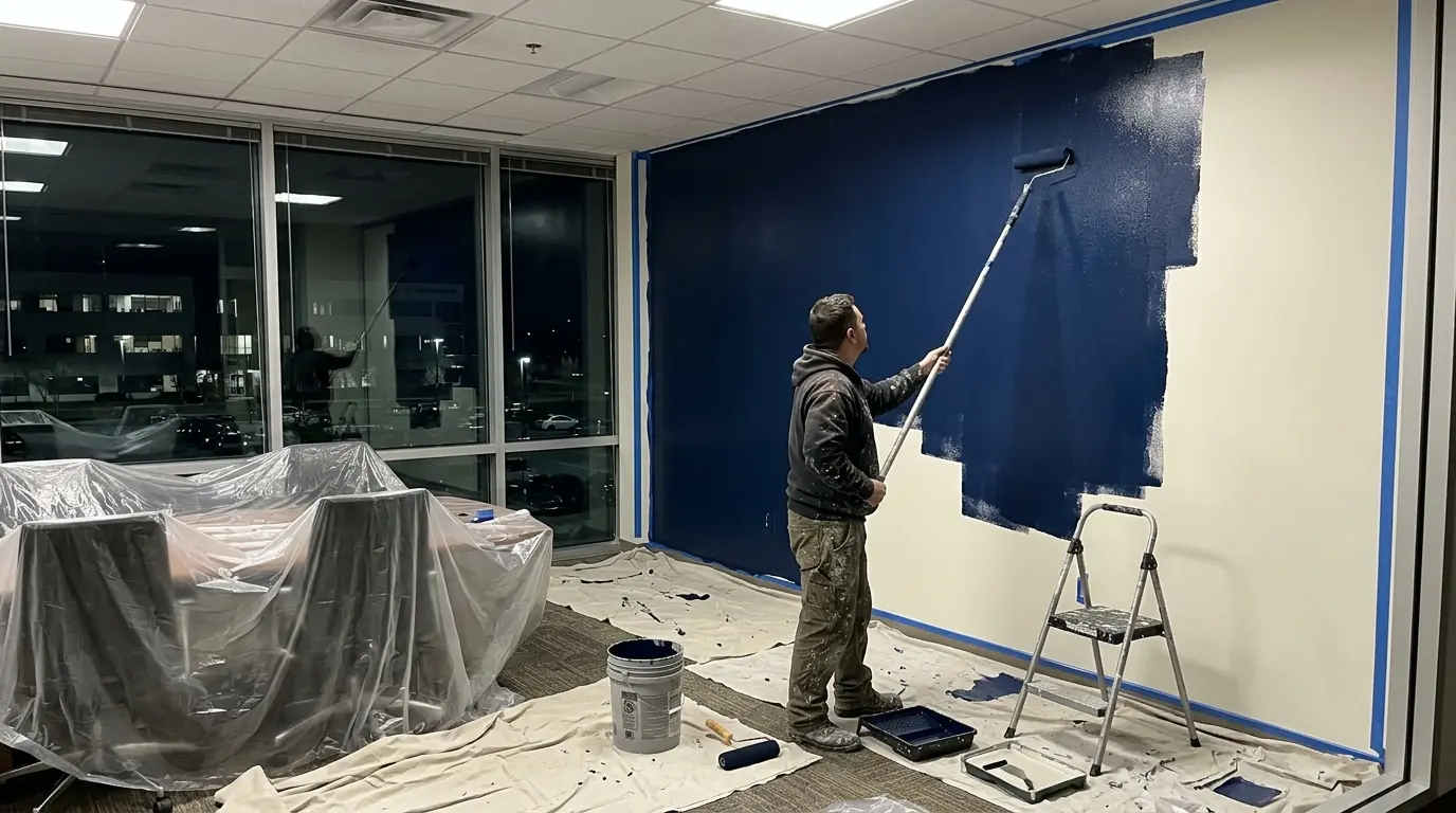 Roller applying a deep navy accent wall in an empty conference room after business hours