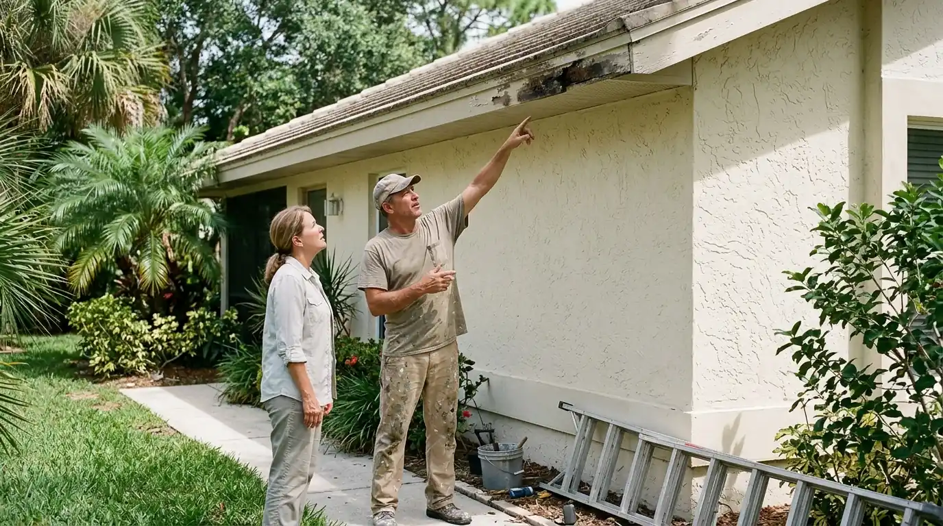 Painter pointing out soft wood on a fascia board to a homeowner during a walk-through at a Florida stucco house