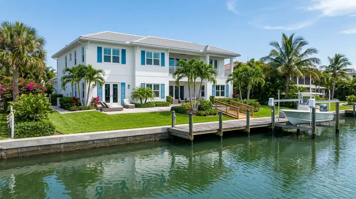 Two-story Bird Key home in Sarasota with fresh white stucco, blue shutters and a private wood dock on a calm canal