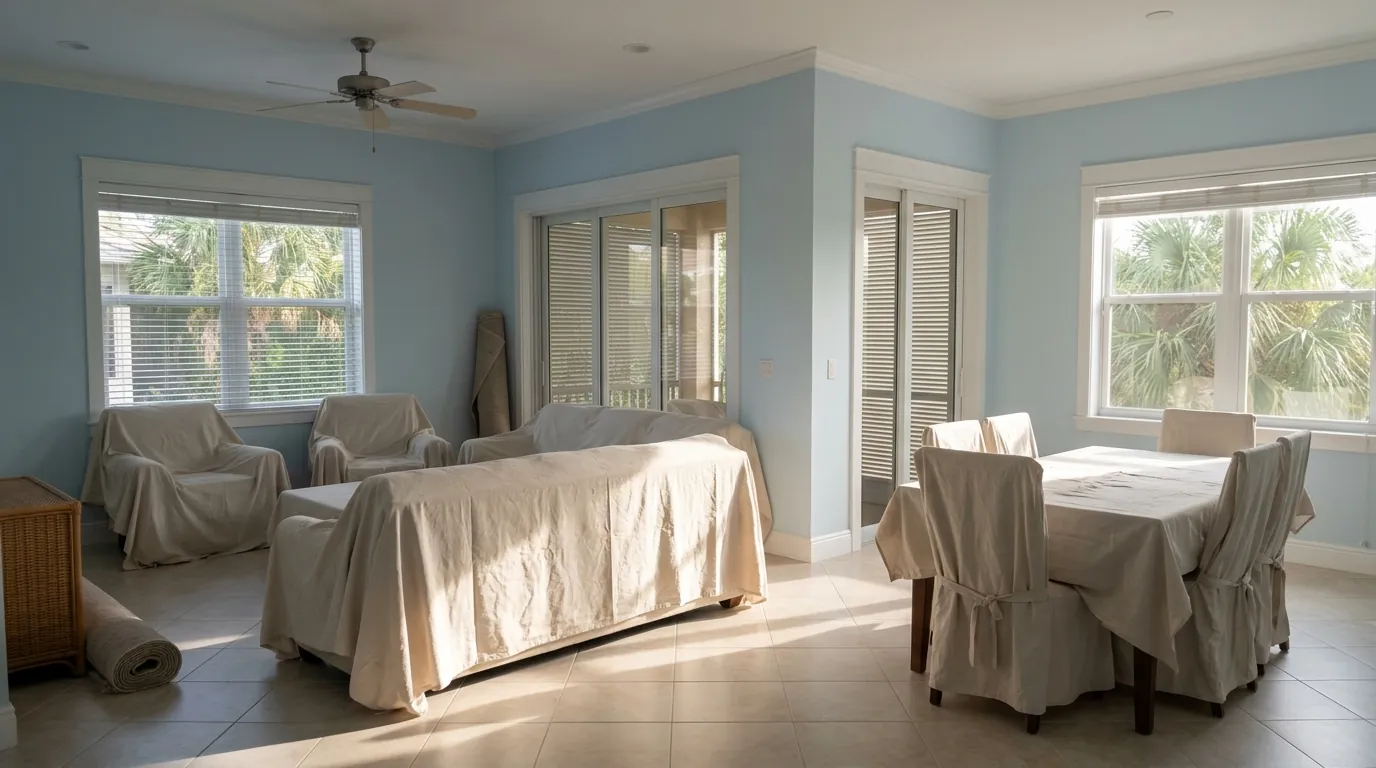 Quiet seasonal home interior in Sarasota with covered furniture and freshly painted pale blue walls in afternoon light