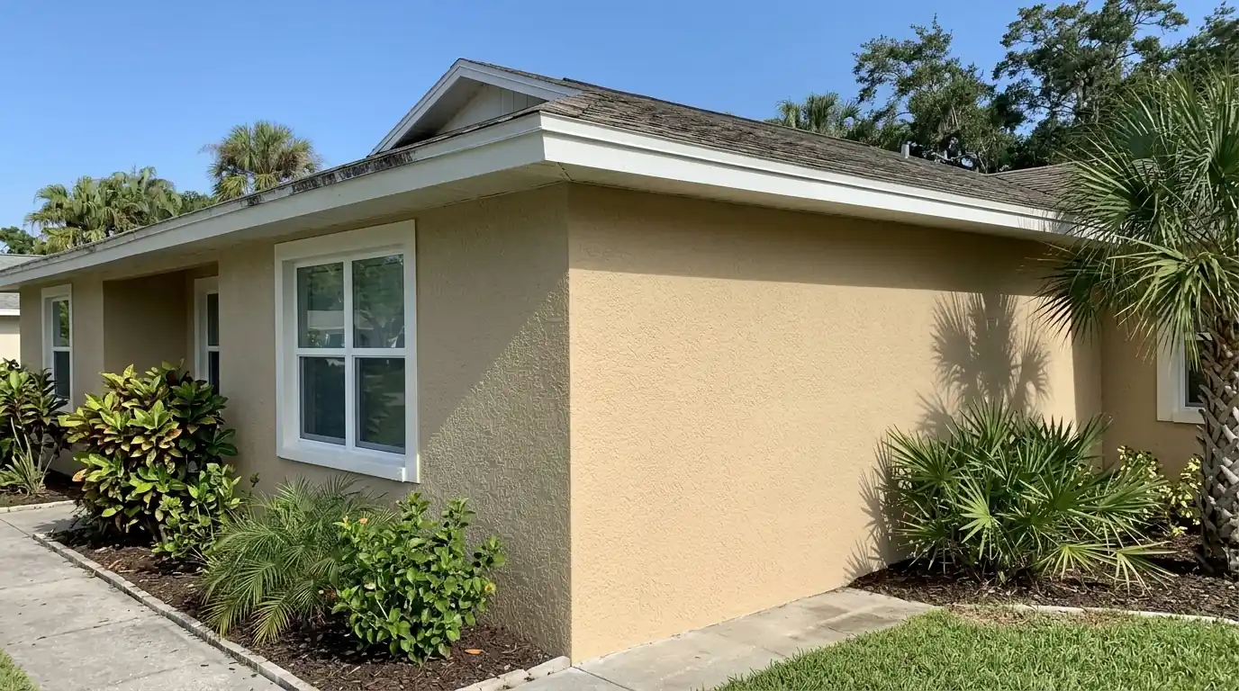 Sand-finish stucco wall on a Sarasota ranch home freshly painted warm sandy beige under a clear sky