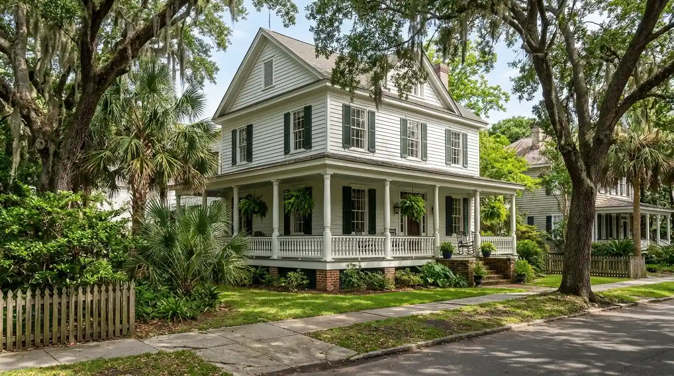 Historic two-story frame house with white lap siding and a wraparound porch in an older Palmetto neighborhood