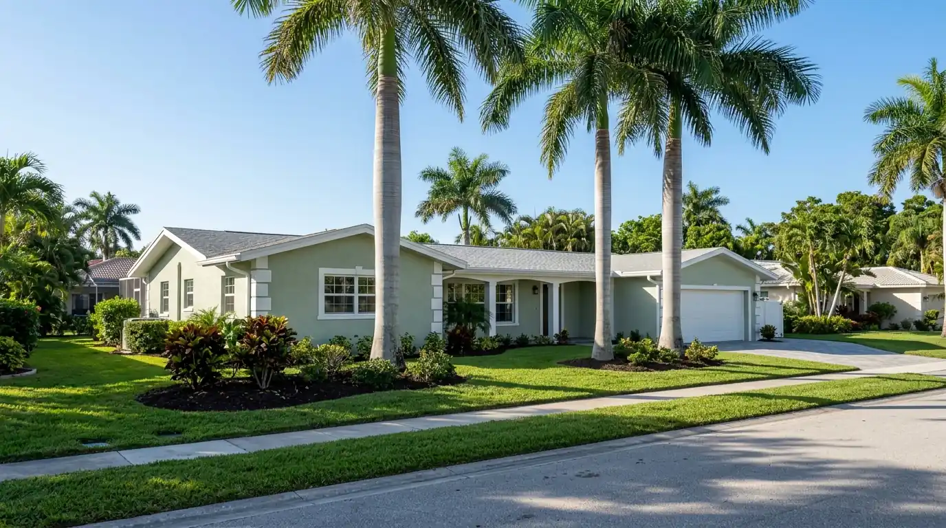 Freshly painted pale sage stucco ranch home in Sarasota with white trim, royal palms and a clear blue afternoon sky