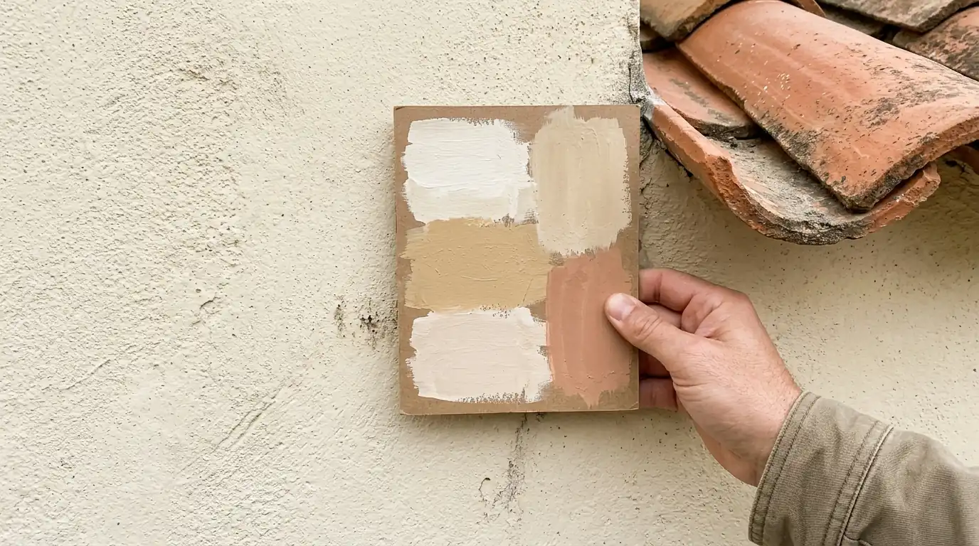 Hand holding a painted color sample board against cream stucco beside the edge of a terracotta roof tile