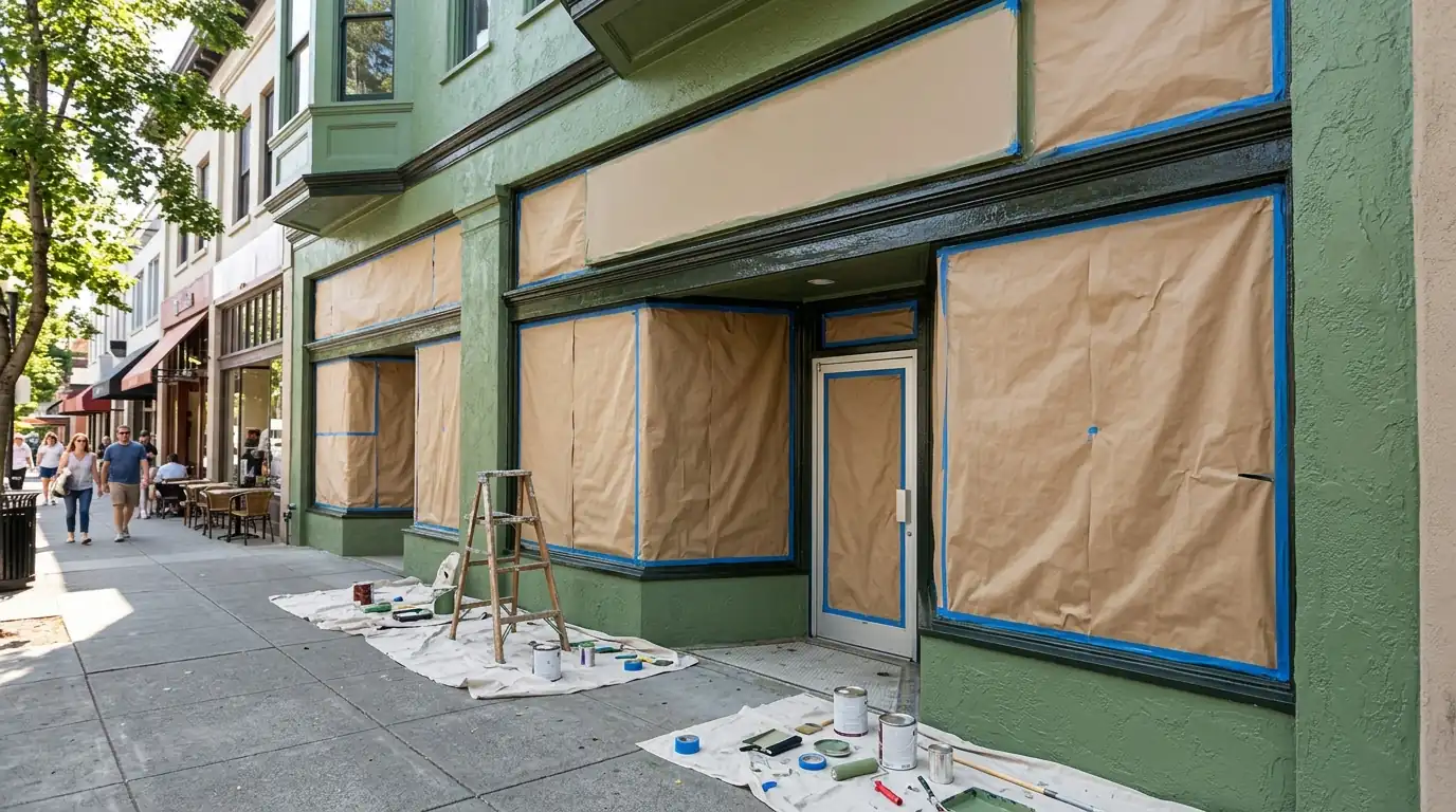 Masked shop windows and fresh paint on a stucco storefront facade along a sunny outdoor shopping street
