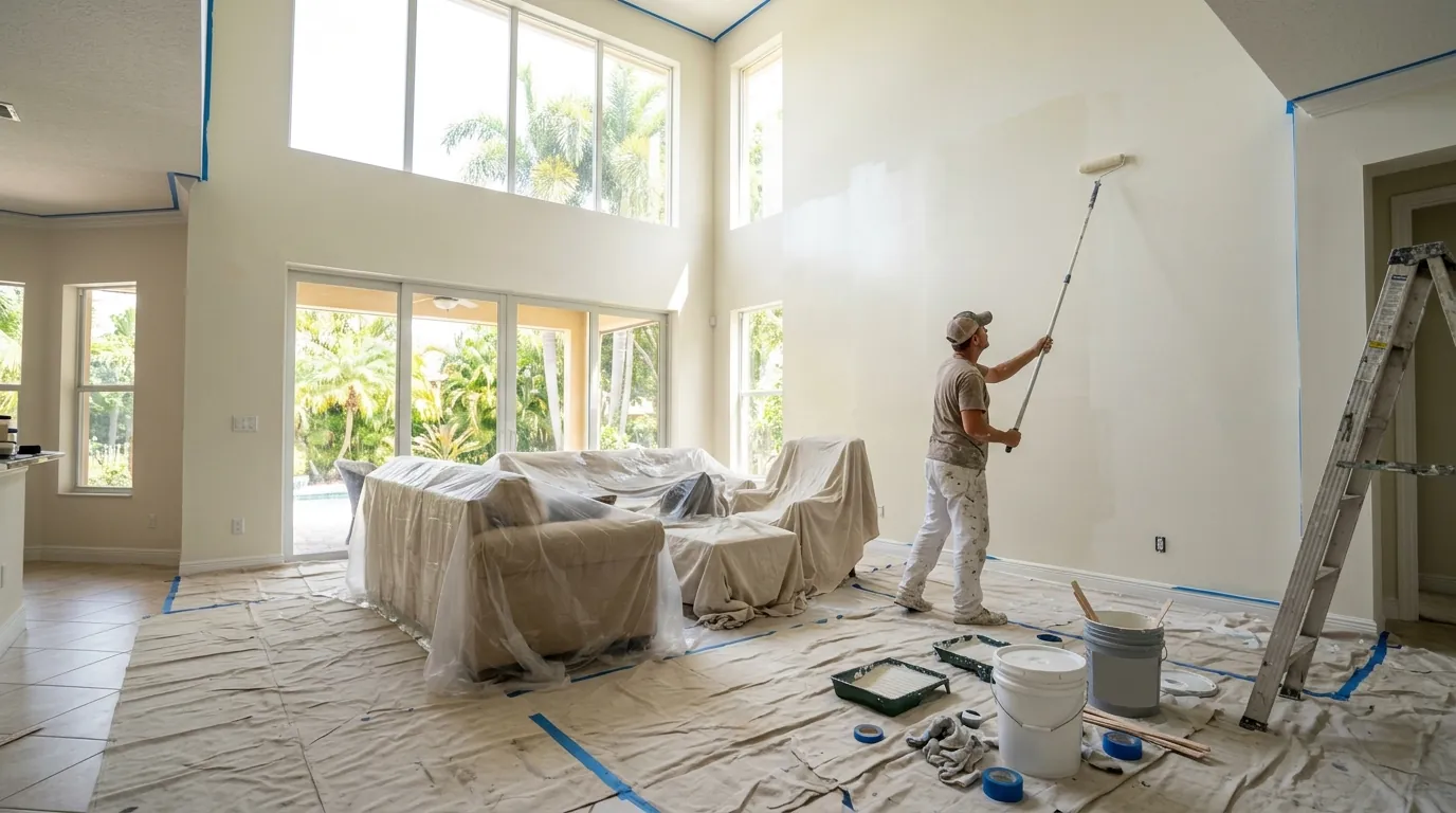 Painter rolling a fresh coat on a tall living room wall in a bright Sarasota home with tile floors covered