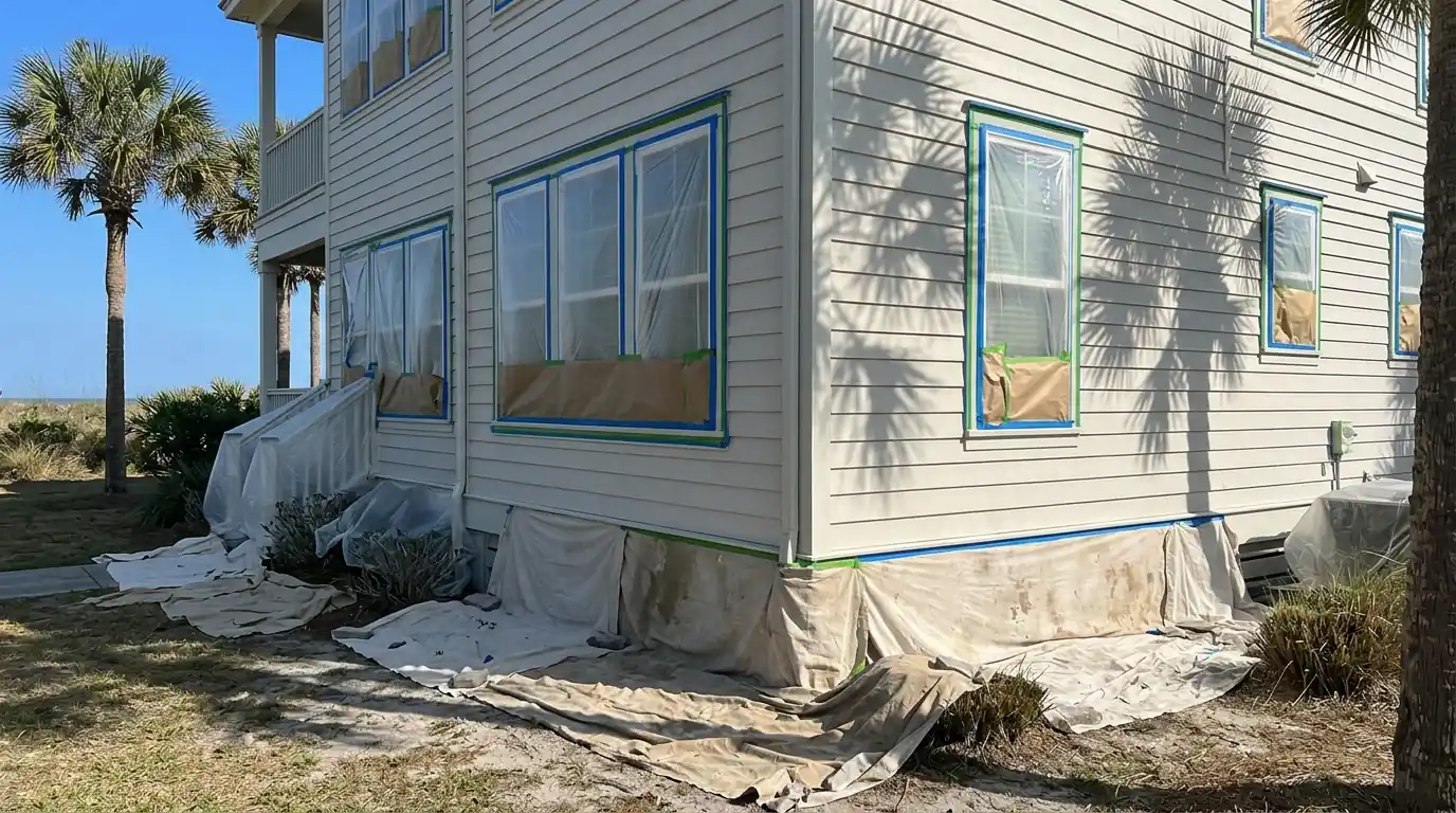 Drop cloths and taped windows on a coastal home exterior prepared for painting with palm shadows across the wall