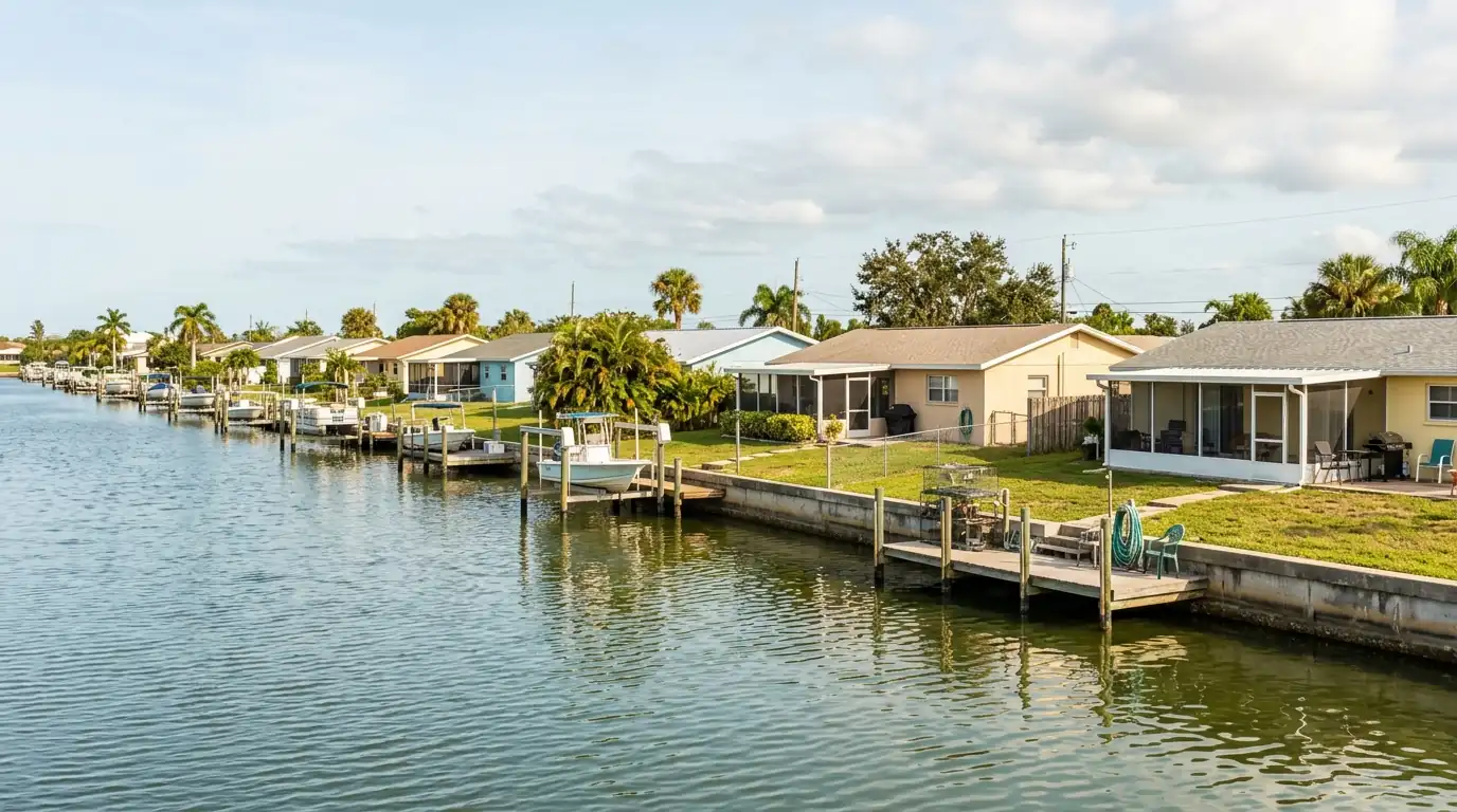 Row of single-story block homes along a waterfront canal with small docks near Charlotte Harbor in Charlotte County