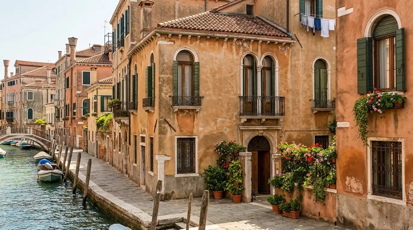 Mediterranean-style stucco home with barrel tile roof, arched windows and wrought iron details on a sunny Venice street