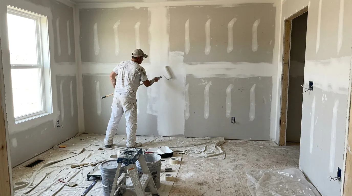 Painter rolling primer onto freshly finished drywall in an empty new construction bedroom