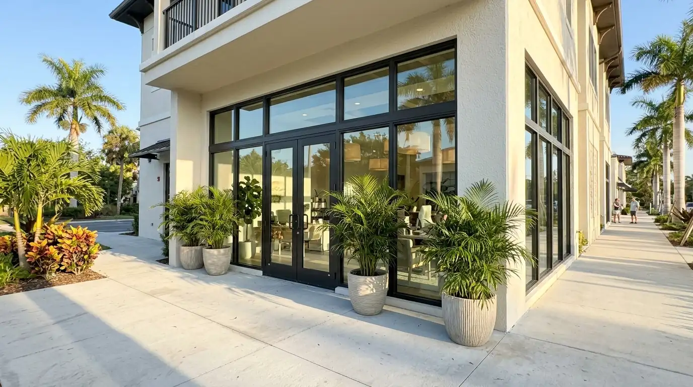 Bright Sarasota office storefront with large windows and potted palms on a sunny morning