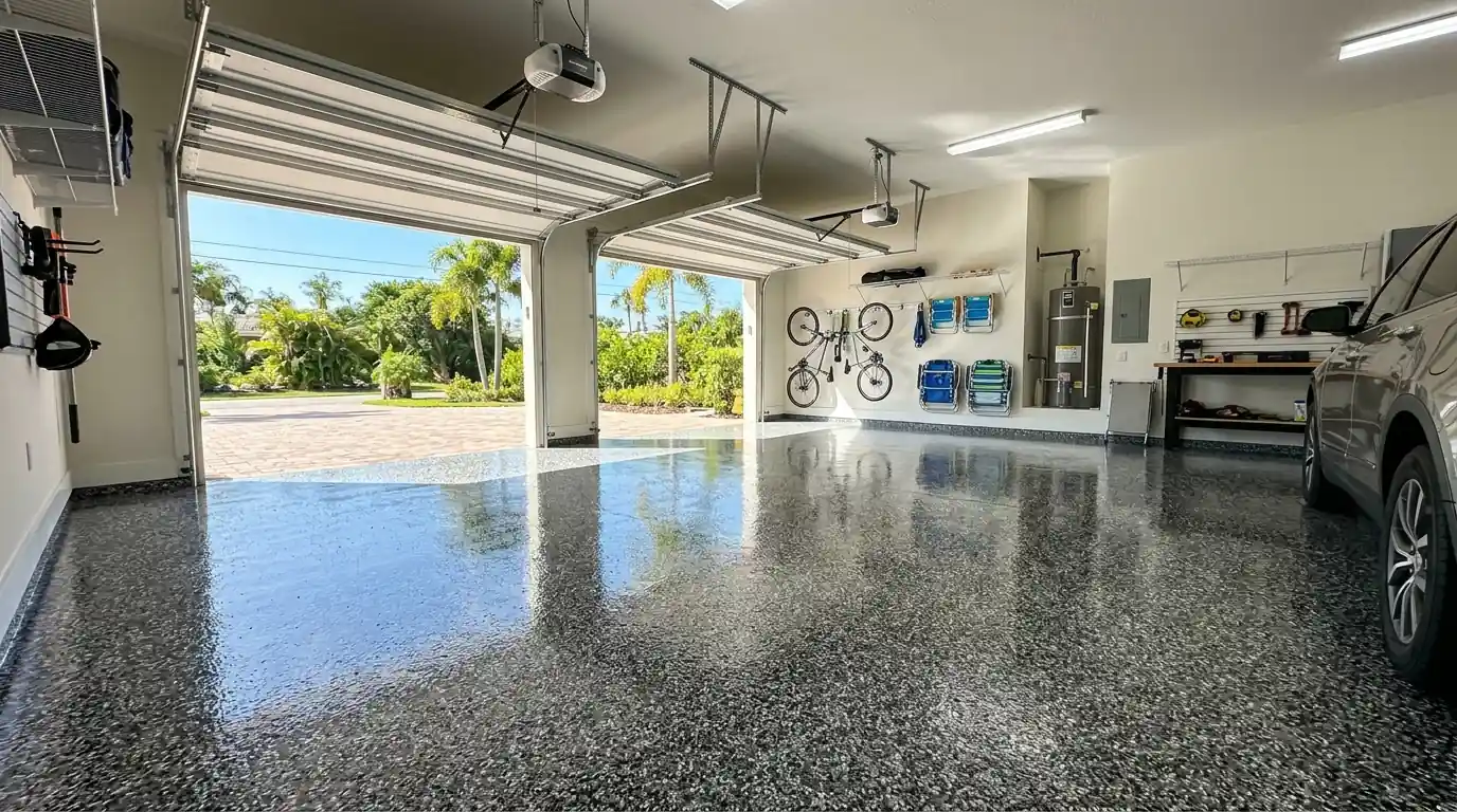 Finished gray and black flake epoxy garage floor with a glossy clear topcoat in a bright Sarasota home garage