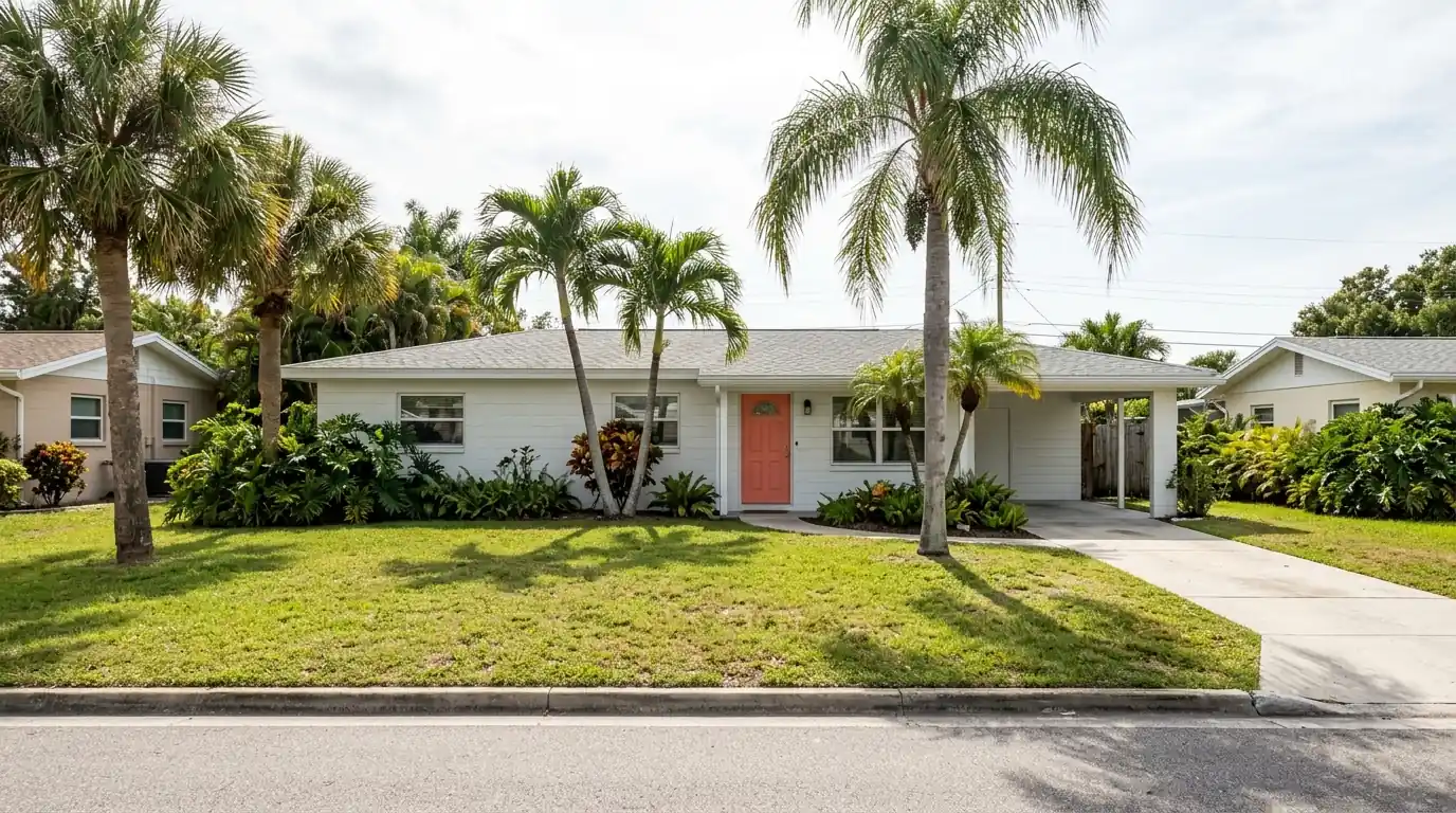 Single-story white block ranch home with a coral front door and palm trees in Gulf Gate Estates